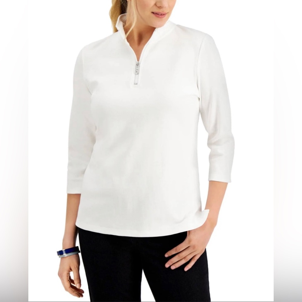 (L) $36.50|Karen Scott Cotton Quarter Zip-Neck, Bright White